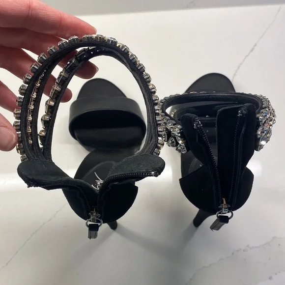 Giuseppe Zanotti Silver Crystal Embellished Heels Black Leather Sandals Shoes - Picture 12 of 15